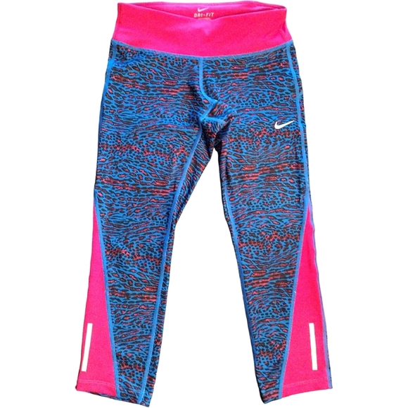 NWT Nike Dri-Fit Racer Leopard Print Capri Leggings, Size XS, Blue/Pink/Black - Picture 2 of 9